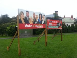 City Vision Waitemata Local Board team and Mike Lee hoardings