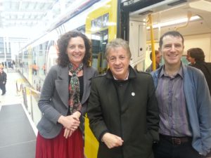 Mike Lee Pippa Coom and Christopher Dempsey at the unwrapping of the new electric train Auckland